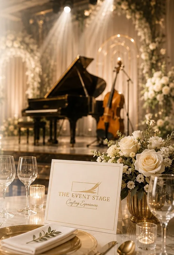Grand piano and string setup amid white florals at a luxury Event Stage wedding